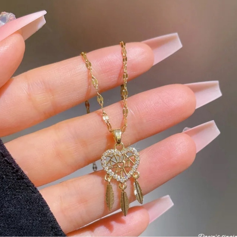 18K Gold Heart Dream Catcher With Feather Tassels and Diamond Accents